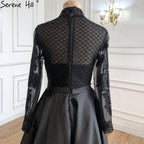 Vestidos de noche musulmanes de satén negro de lujo, corte A con cuentas, para mujer, fiesta, LA70919 