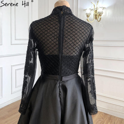 Muslim Black Satin Luxury Evening Dresses Gowns 2025 Beading A-Line For  Women Party LA70919