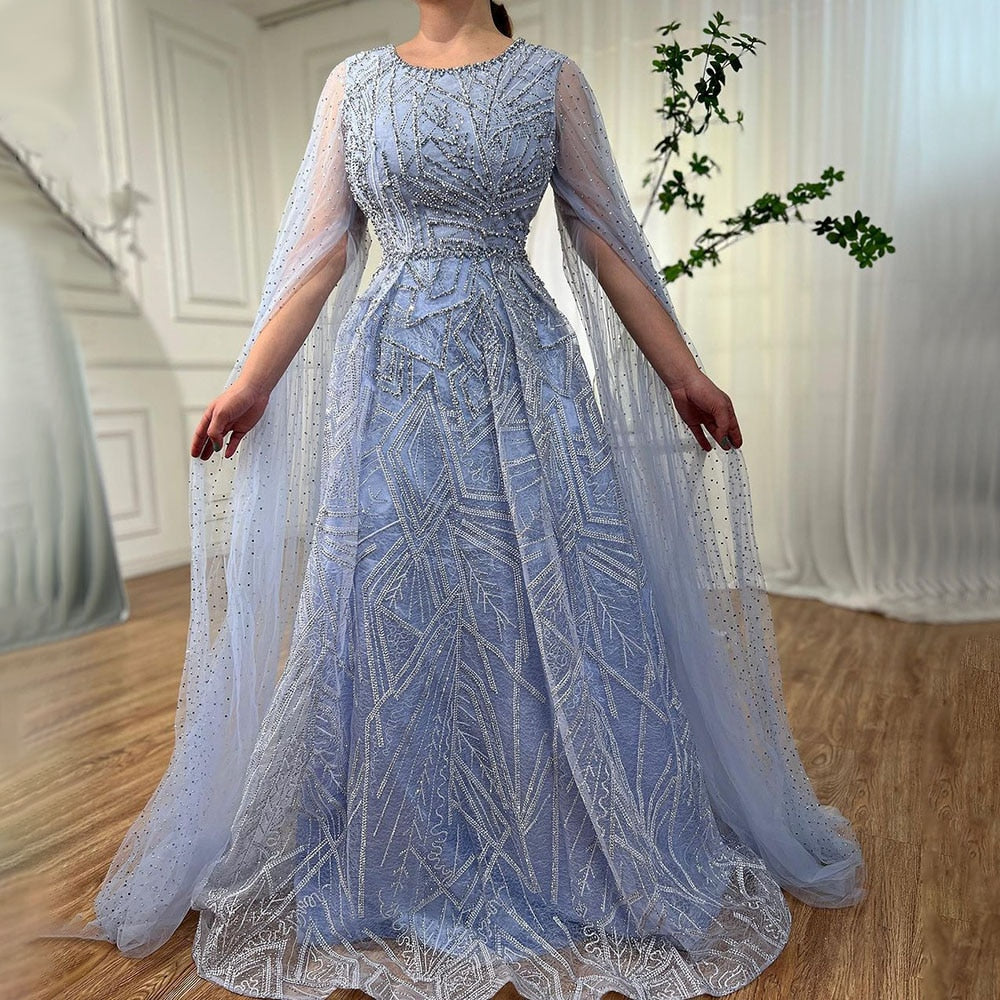 Muslimischen Blau EINE Linie Cape Ärmeln Perlen Luxus Dubai Lange Abendkleider Kleider 2025 Für Frauen Hochzeit Party LA72153 