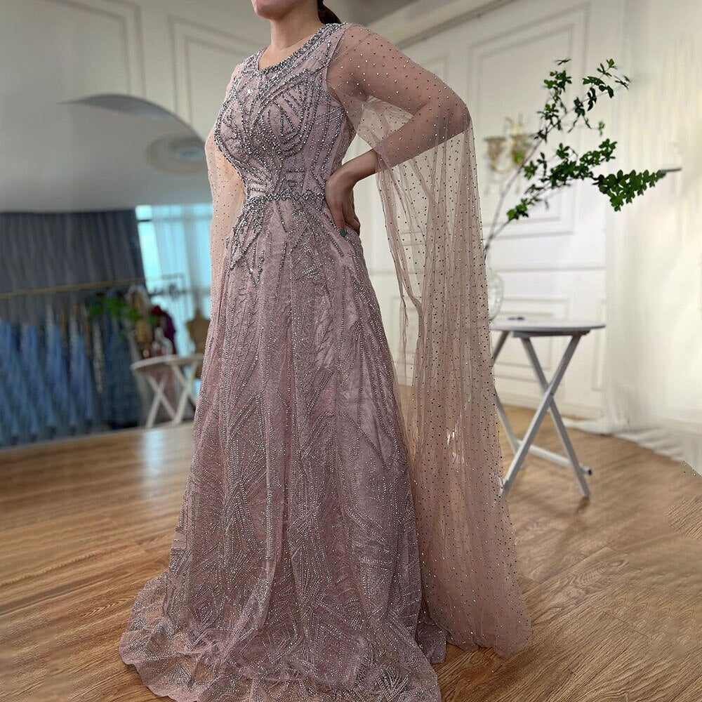 Muslimischen Blau EINE Linie Cape Ärmeln Perlen Luxus Dubai Lange Abendkleider Kleider 2025 Für Frauen Hochzeit Party LA72153 