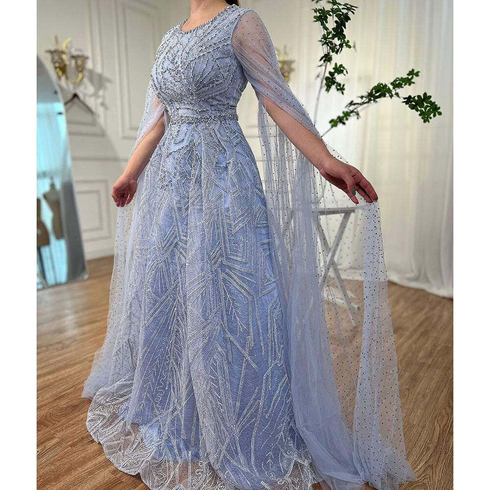 Muslimischen Blau EINE Linie Cape Ärmeln Perlen Luxus Dubai Lange Abendkleider Kleider 2025 Für Frauen Hochzeit Party LA72153 