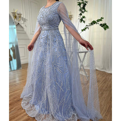 Muslim Blue A Line Cape Sleeves Beaded Luxury Dubai Long Evening Dresses Gowns 2025 For Women Wedding Party LA72153