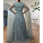 Muslimischen Blau EINE Linie Cape Ärmeln Perlen Luxus Dubai Lange Abendkleider Kleider 2025 Für Frauen Hochzeit Party LA72153 
