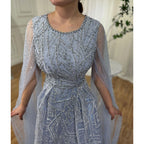 Muslimischen Blau EINE Linie Cape Ärmeln Perlen Luxus Dubai Lange Abendkleider Kleider 2025 Für Frauen Hochzeit Party LA72153 