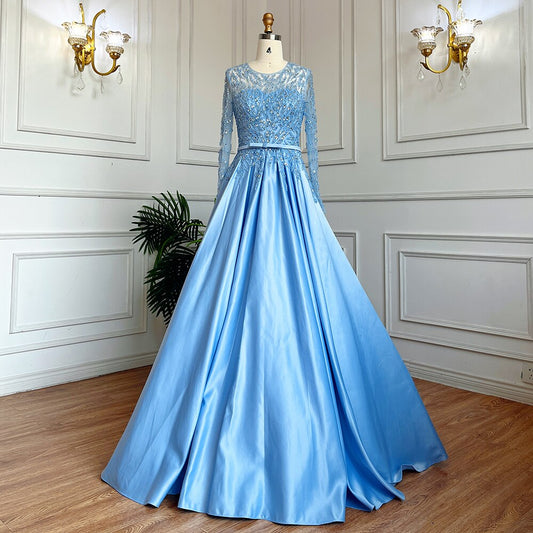 Muslim Blue A Line O Neck Luxury Lace Beaded Arabic Long Evening Dresses Gowns 2025 For Women Wedding Party LA71984