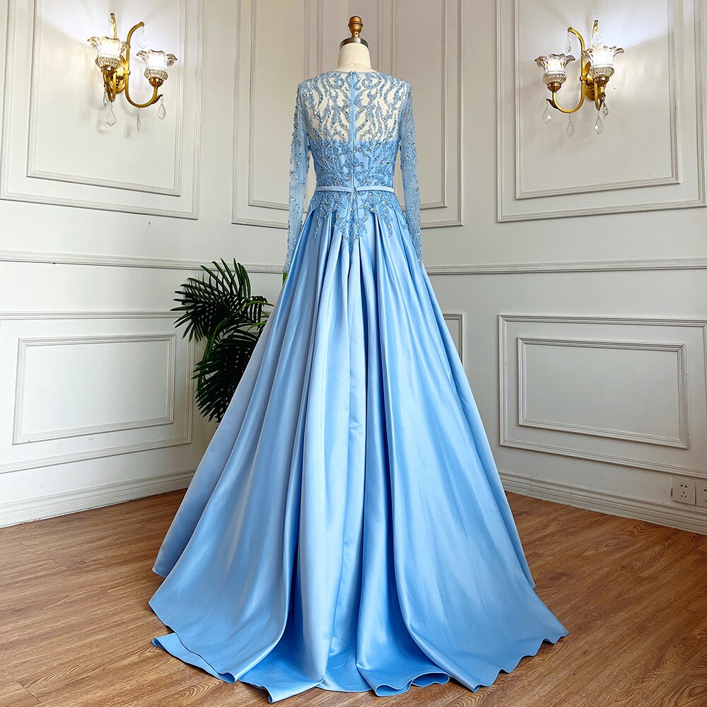 Vestidos de noche largos musulmanes azules de corte A con cuello redondo, de lujo, con encaje y cuentas, estilo árabe, para mujer, para fiesta de boda, LA71984 