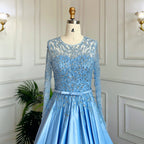 Vestidos de noche largos musulmanes azules de corte A con cuello redondo, de lujo, con encaje y cuentas, estilo árabe, para mujer, para fiesta de boda, LA71984 