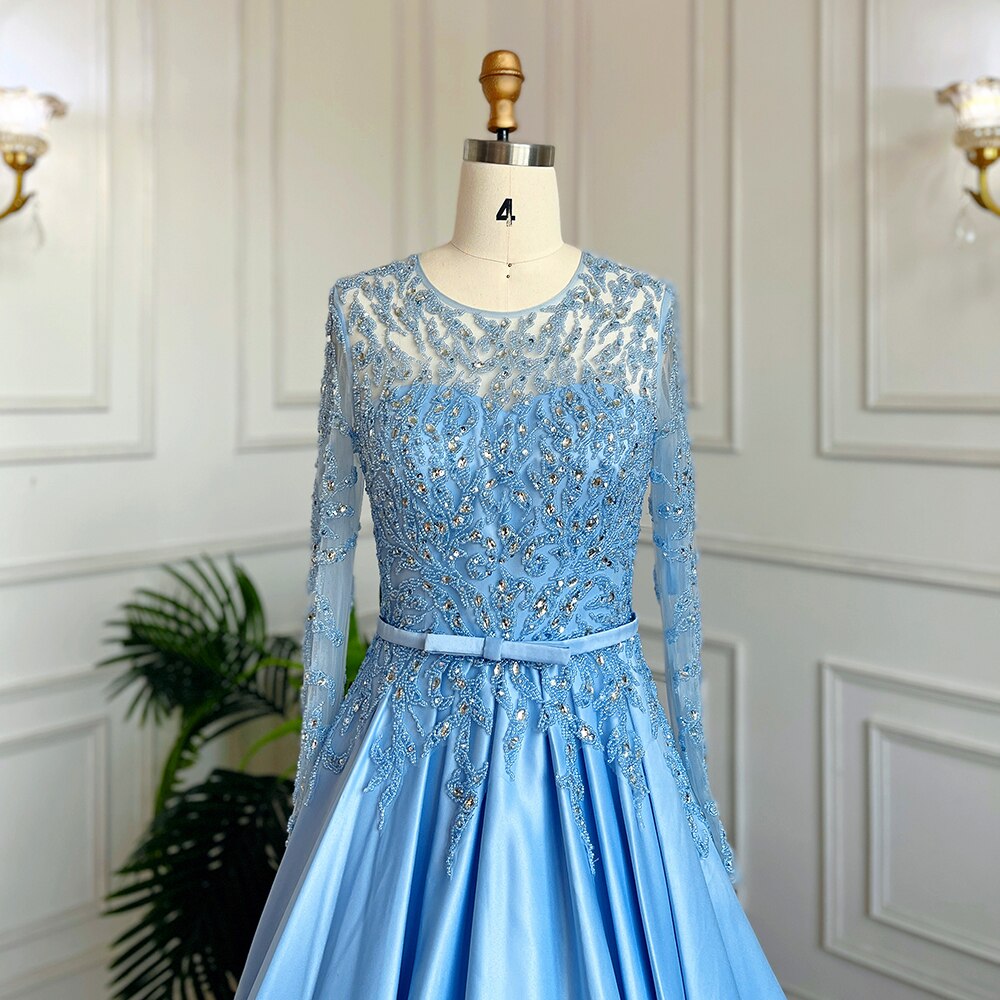 Vestidos de noche largos musulmanes azules de corte A con cuello redondo, de lujo, con encaje y cuentas, estilo árabe, para mujer, para fiesta de boda, LA71984 