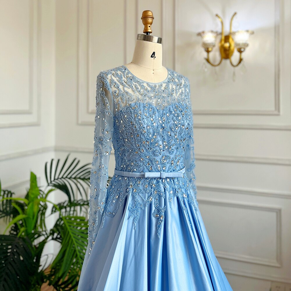 Vestidos de noche largos musulmanes azules de corte A con cuello redondo, de lujo, con encaje y cuentas, estilo árabe, para mujer, para fiesta de boda, LA71984 