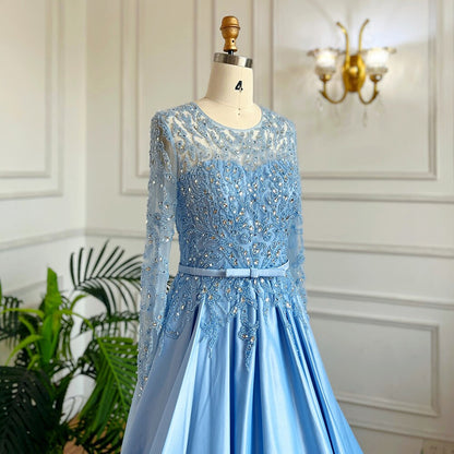 Muslim Blue A Line O Neck Luxury Lace Beaded Arabic Long Evening Dresses Gowns 2025 For Women Wedding Party LA71984