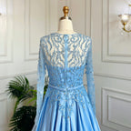 Vestidos de noche largos musulmanes azules de corte A con cuello redondo, de lujo, con encaje y cuentas, estilo árabe, para mujer, para fiesta de boda, LA71984 