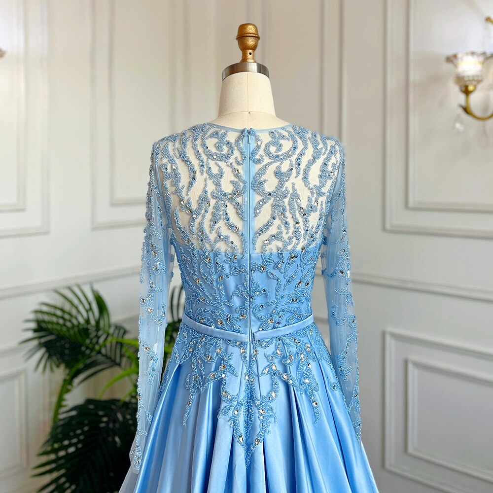 Vestidos de noche largos musulmanes azules de corte A con cuello redondo, de lujo, con encaje y cuentas, estilo árabe, para mujer, para fiesta de boda, LA71984 