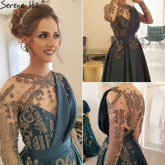 Muslim Blue Beaded Satin A-Line Elegant Evening Dresses Wedding Party Gowns For Woman LA71135