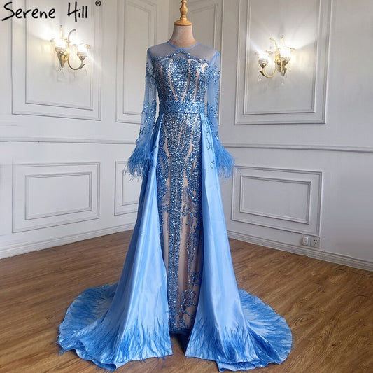 Muslim Blue Detachable Skirt Evening Dresses Gowns 2025 Feathers Beaded  Mermaid Luxury For Women Party LA60932A
