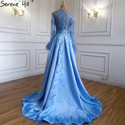 Muslim Blue Detachable Skirt Evening Dresses Gowns 2025 Feathers Beaded  Mermaid Luxury For Women Party LA60932A