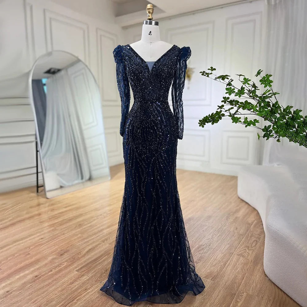 Vestido de noche musulmán azul elegante con cuentas y corte sirena, estilo árabe, de lujo, para mujer, para boda, fiesta, 2025, LA71931 