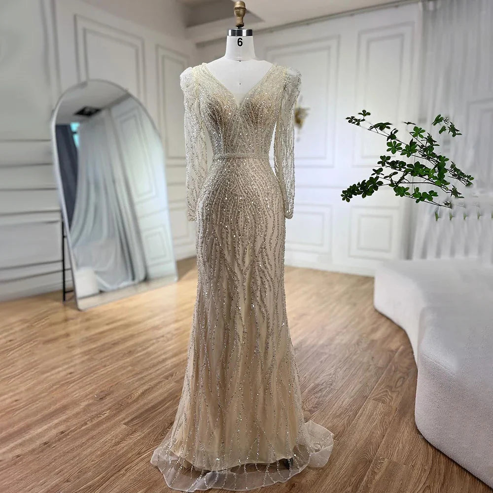 Vestido de noche musulmán azul elegante con cuentas y corte sirena, estilo árabe, de lujo, para mujer, para boda, fiesta, 2025, LA71931 