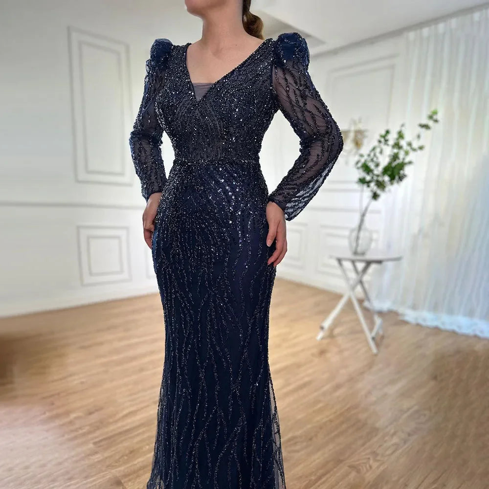 Vestido de noche musulmán azul elegante con cuentas y corte sirena, estilo árabe, de lujo, para mujer, para boda, fiesta, 2025, LA71931 