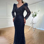 Vestido de noche musulmán azul elegante con cuentas y corte sirena, estilo árabe, de lujo, para mujer, para boda, fiesta, 2025, LA71931 