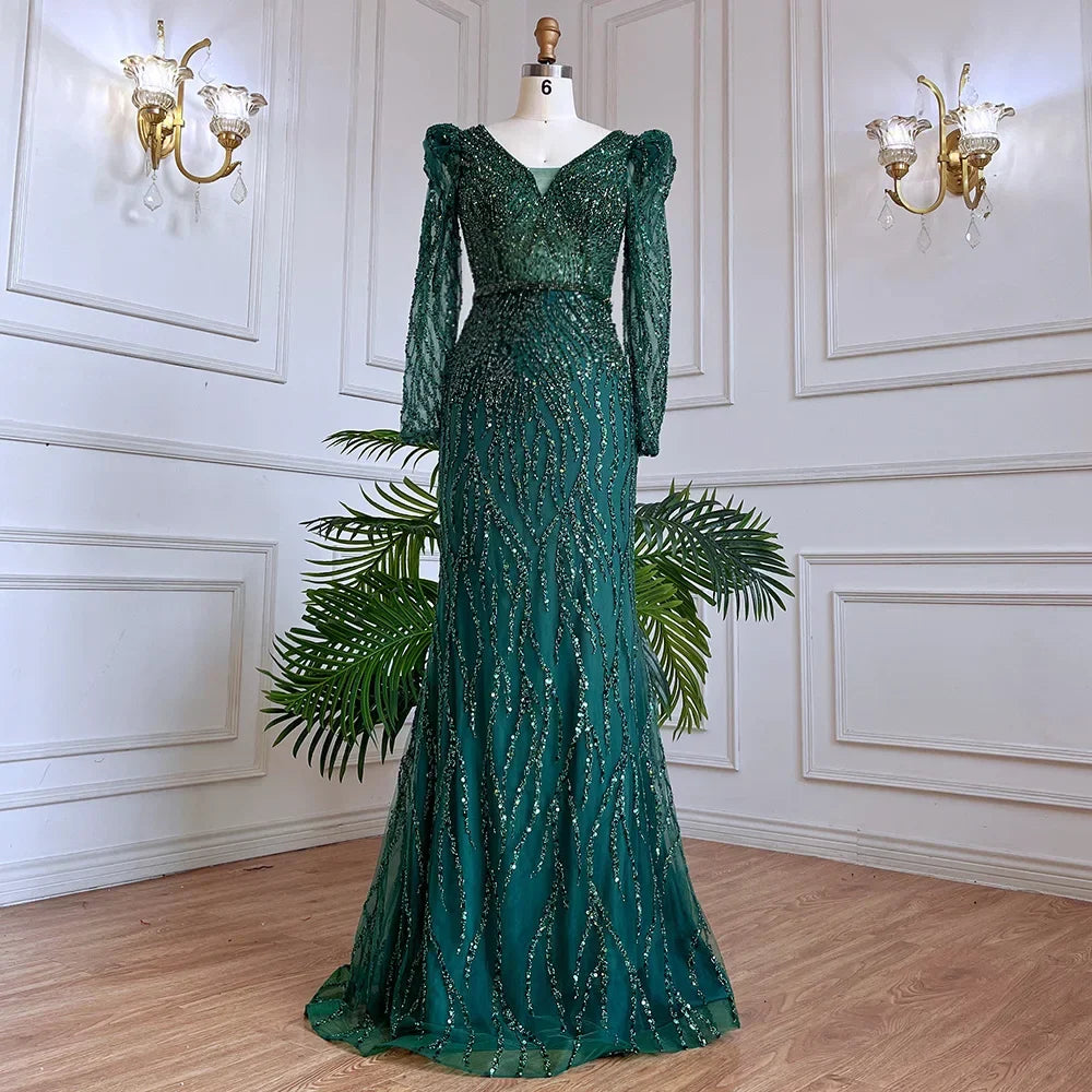 Vestido de noche musulmán azul elegante con cuentas y corte sirena, estilo árabe, de lujo, para mujer, para boda, fiesta, 2025, LA71931 