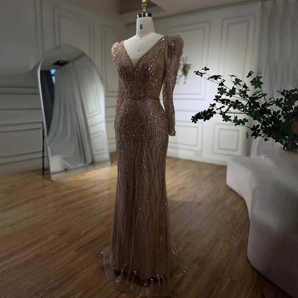 Vestido de noche musulmán azul elegante con cuentas y corte sirena, estilo árabe, de lujo, para mujer, para boda, fiesta, 2025, LA71931 