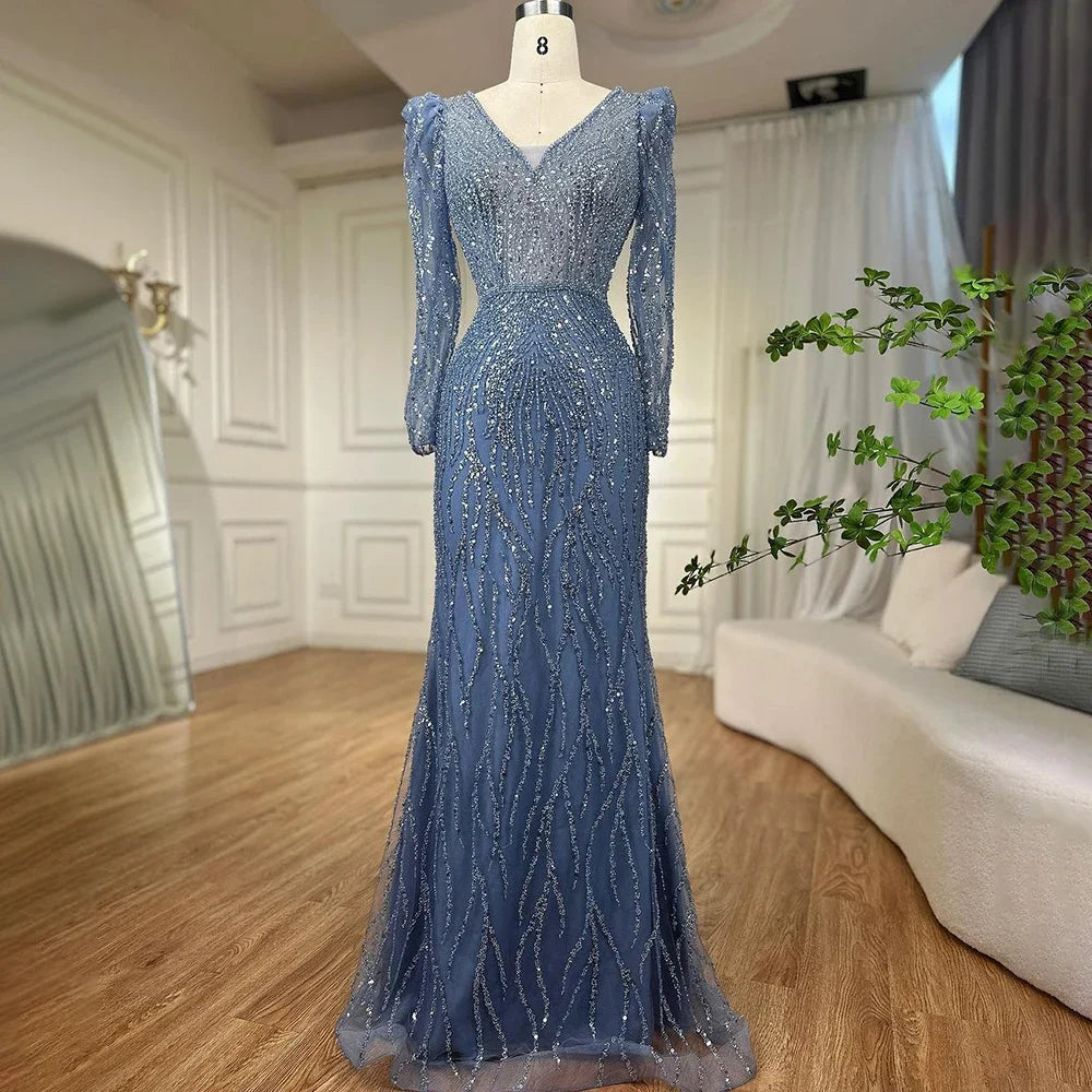 Vestido de noche musulmán azul elegante con cuentas y corte sirena, estilo árabe, de lujo, para mujer, para boda, fiesta, 2025, LA71931 