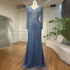Vestido de noche musulmán azul elegante con cuentas y corte sirena, estilo árabe, de lujo, para mujer, para boda, fiesta, 2025, LA71931 
