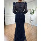 Vestido de noche musulmán azul elegante con cuentas y corte sirena, estilo árabe, de lujo, para mujer, para boda, fiesta, 2025, LA71931 