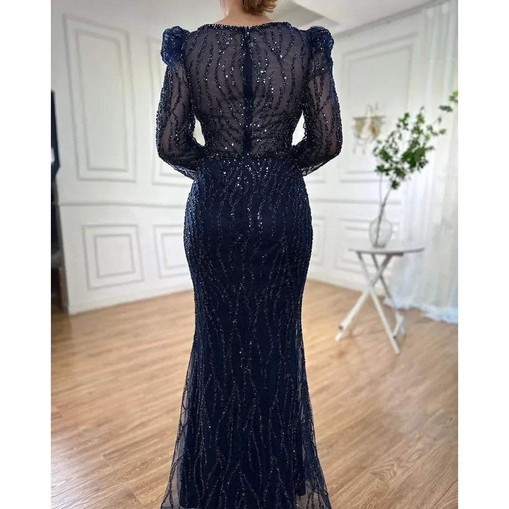 Vestido de noche musulmán azul elegante con cuentas y corte sirena, estilo árabe, de lujo, para mujer, para boda, fiesta, 2025, LA71931 