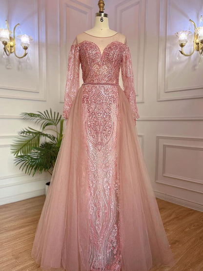 Muslim Blue Elegant Mermaid Luxury Evening Dresses Gowns Beaded Over Skirt 2025 For Women Party LA71891