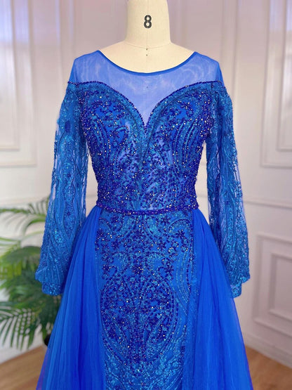 Muslim Blue Elegant Mermaid Luxury Evening Dresses Gowns Beaded Over Skirt 2025 For Women Party LA71891