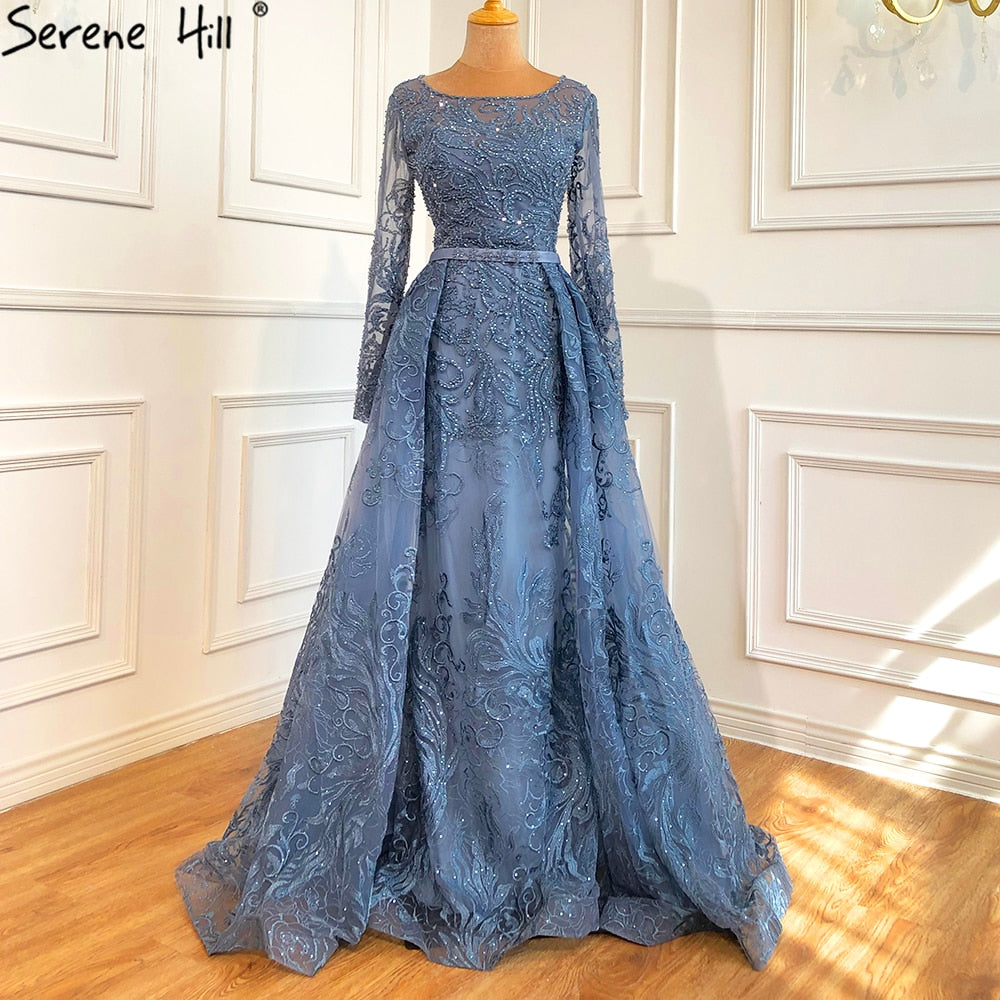 Muslimischen Blau Spitze Perlen Luxus Abendkleider Kleider 2025 Oansatz Meerjungfrau Elegante Für Frauen Party LA70834 