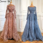 Muslimischen Blau Spitze Perlen Luxus Abendkleider Kleider 2025 Oansatz Meerjungfrau Elegante Für Frauen Party LA70834 