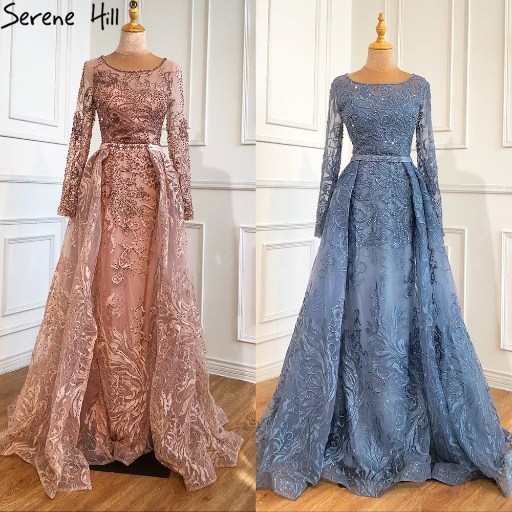Muslimischen Blau Spitze Perlen Luxus Abendkleider Kleider 2025 Oansatz Meerjungfrau Elegante Für Frauen Party LA70834 