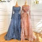 Muslimischen Blau Spitze Perlen Luxus Abendkleider Kleider 2025 Oansatz Meerjungfrau Elegante Für Frauen Party LA70834 