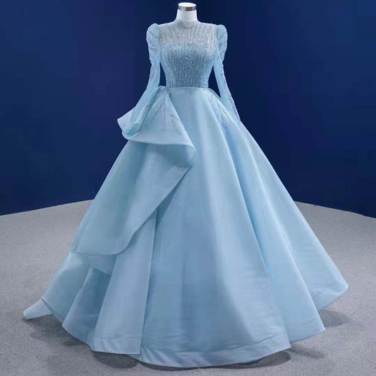 Muslim Blue Lace Up Wedding Dresses 2025 Beaded High-end Bridal Dress HM67392 Custom Made