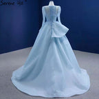 Vestido de novia musulmán azul con encaje 2025, vestido de novia de alta gama con cuentas HM67392, hecho a medida 