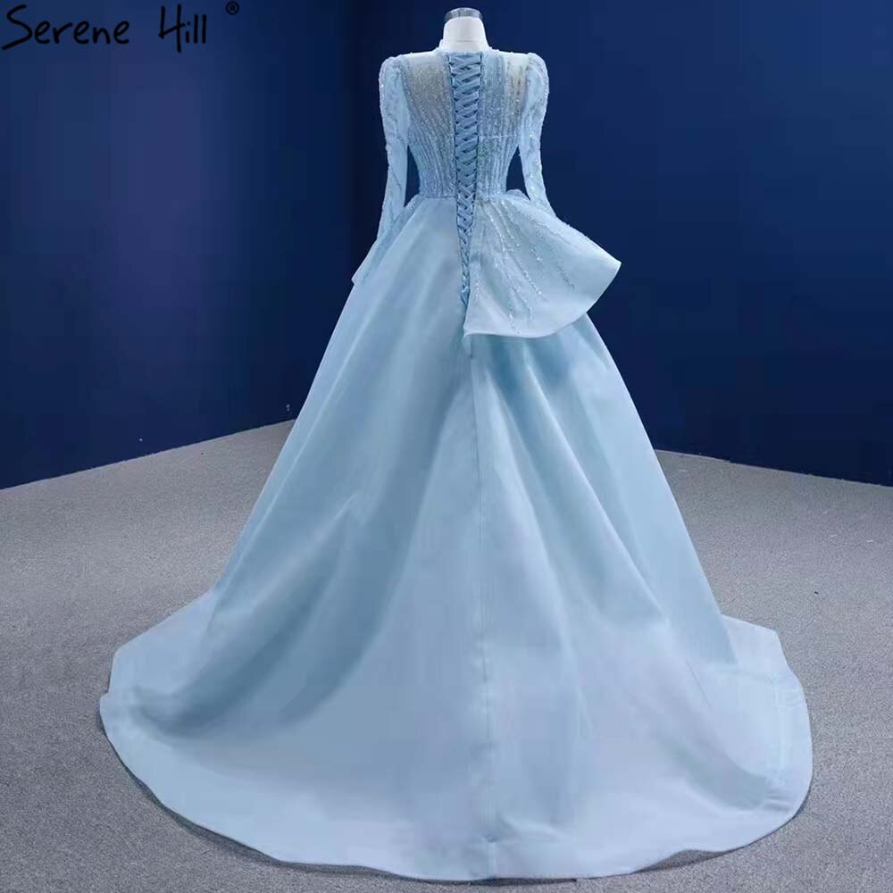 Vestido de novia musulmán azul con encaje 2025, vestido de novia de alta gama con cuentas HM67392, hecho a medida 
