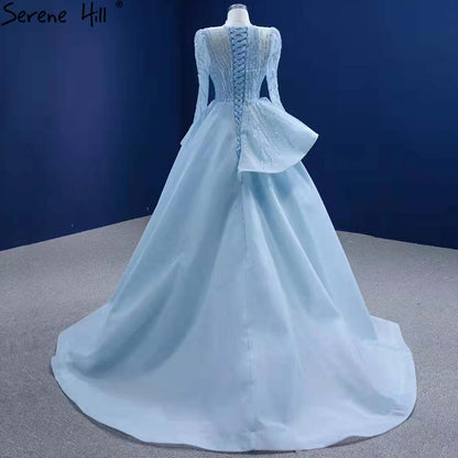 Muslim Blue Lace Up Wedding Dresses 2025 Beaded High-end Bridal Dress HM67392 Custom Made