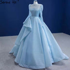 Vestido de novia musulmán azul con encaje 2025, vestido de novia de alta gama con cuentas HM67392, hecho a medida 