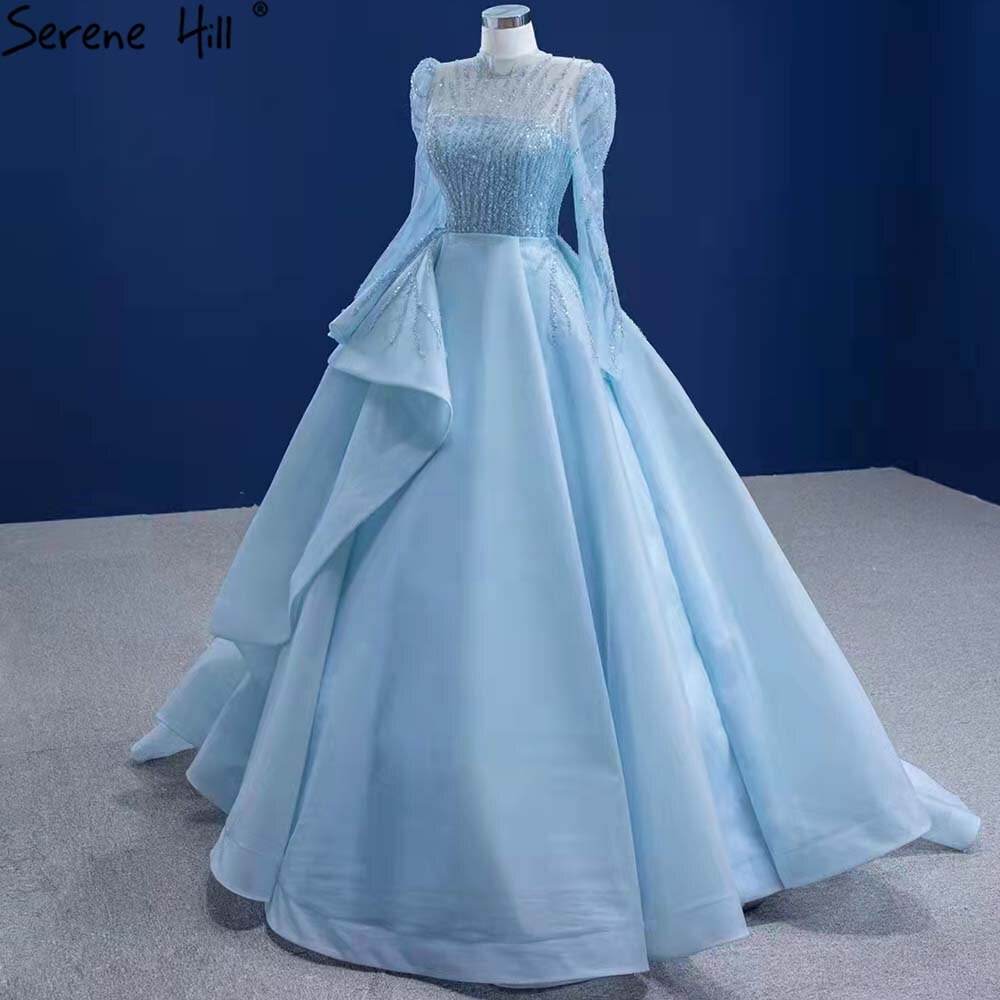 Vestido de novia musulmán azul con encaje 2025, vestido de novia de alta gama con cuentas HM67392, hecho a medida 
