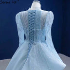 Vestido de novia musulmán azul con encaje 2025, vestido de novia de alta gama con cuentas HM67392, hecho a medida 