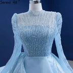 Vestido de novia musulmán azul con encaje 2025, vestido de novia de alta gama con cuentas HM67392, hecho a medida 