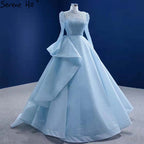 Vestido de novia musulmán azul con encaje 2025, vestido de novia de alta gama con cuentas HM67392, hecho a medida 