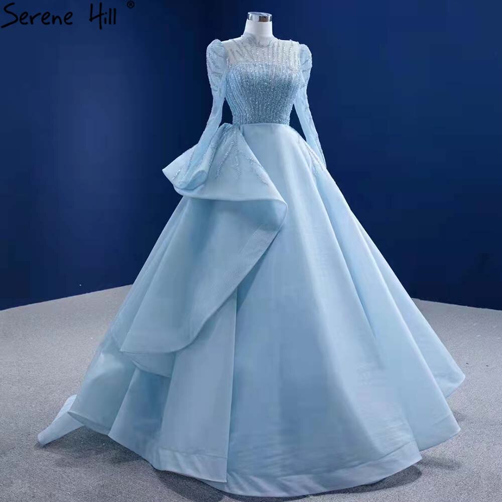 Vestido de novia musulmán azul con encaje 2025, vestido de novia de alta gama con cuentas HM67392, hecho a medida 