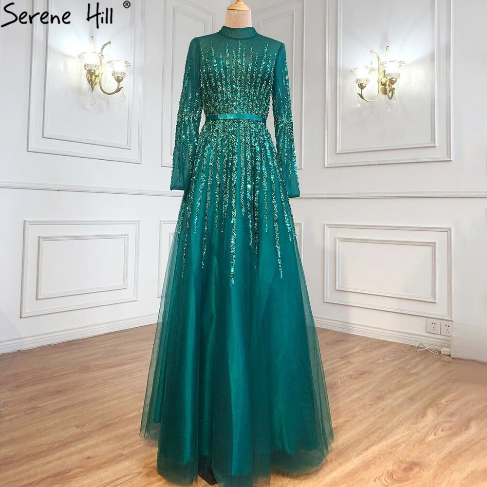 Muslimischen Blau Luxus Perlen Kristall A-linie Abendkleider Kleider 2025 Luxus Perlen Kristall Für Frauen Party LA70927H 