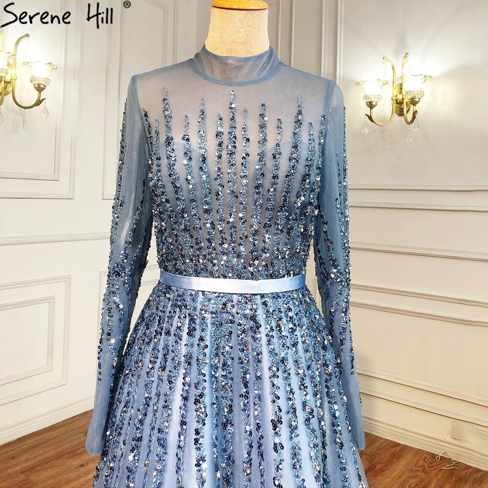 Muslimischen Blau Luxus Perlen Kristall A-linie Abendkleider Kleider 2025 Luxus Perlen Kristall Für Frauen Party LA70927H 