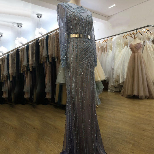Muslim Blue Luxury Evening Dresses Gowns 2025 Mermaid Elegant Beaded Sashes For Women Party LA71429