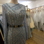 Vestidos de noche musulmanes de lujo en azul marino, elegantes vestidos de sirena con fajas de cuentas para mujer, para fiesta LA71429 