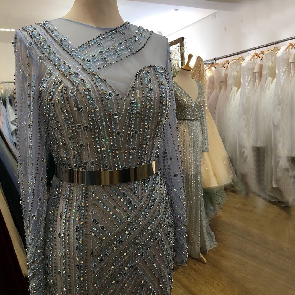 Vestidos de noche musulmanes de lujo en azul marino, elegantes vestidos de sirena con fajas de cuentas para mujer, para fiesta LA71429 